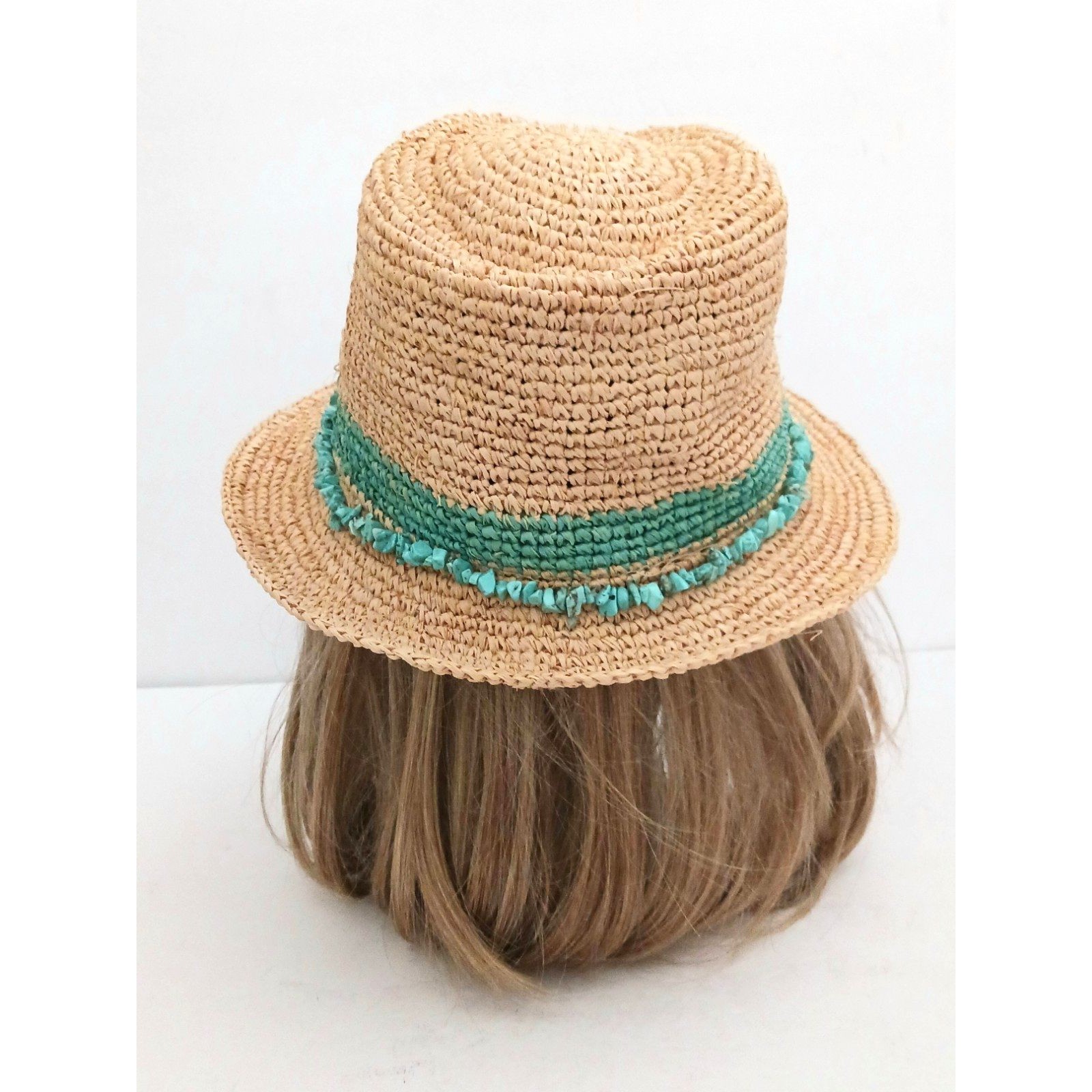 Wallaroo Hat Co Tahiti Fedora 100% Raffia Turquoise Band W Matching Stones O/S — image 4 of 8